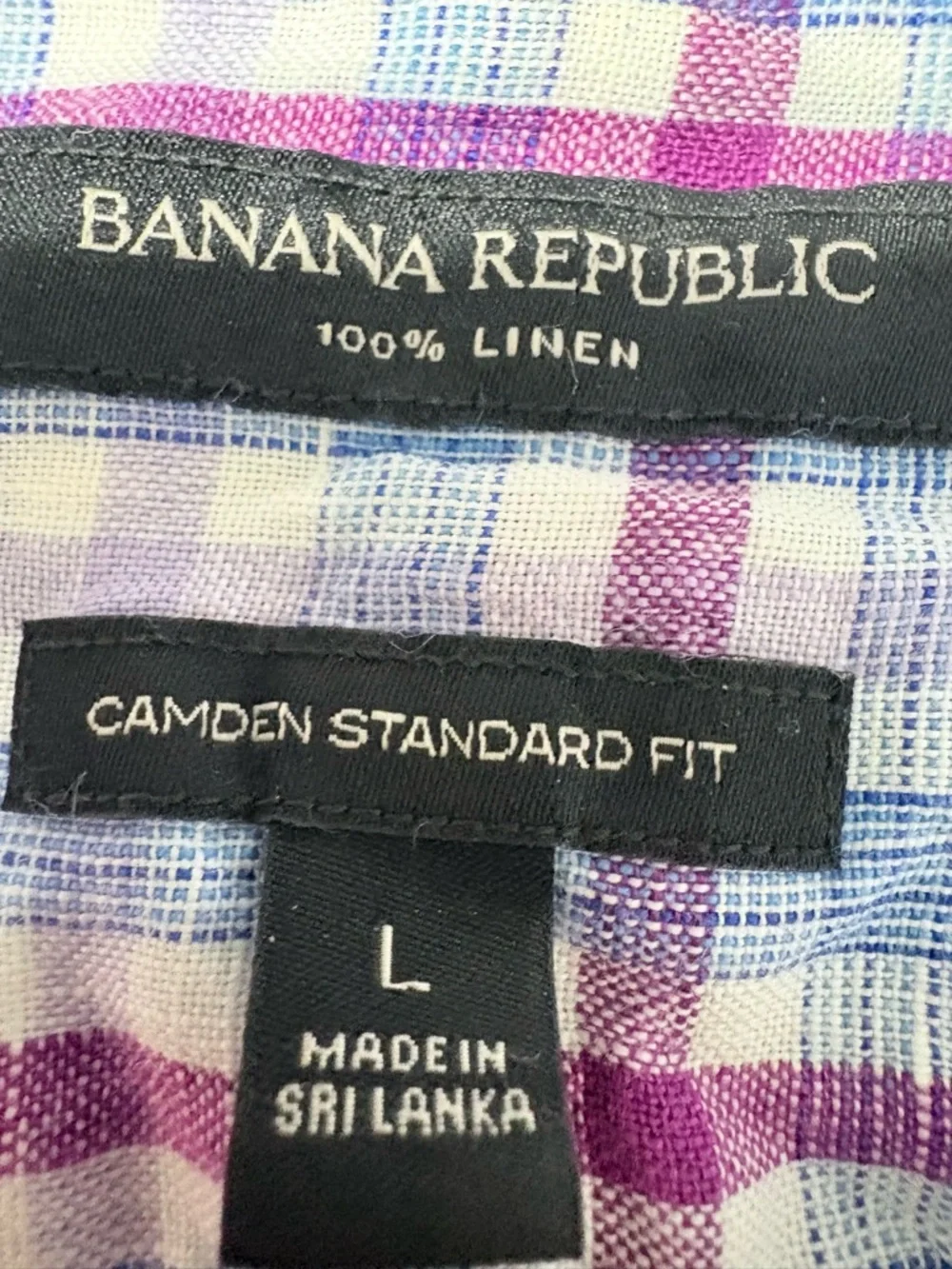 Men’s Banana Republic Linen Purple Blue Plaid Button-Down Shirt Camden Fit L